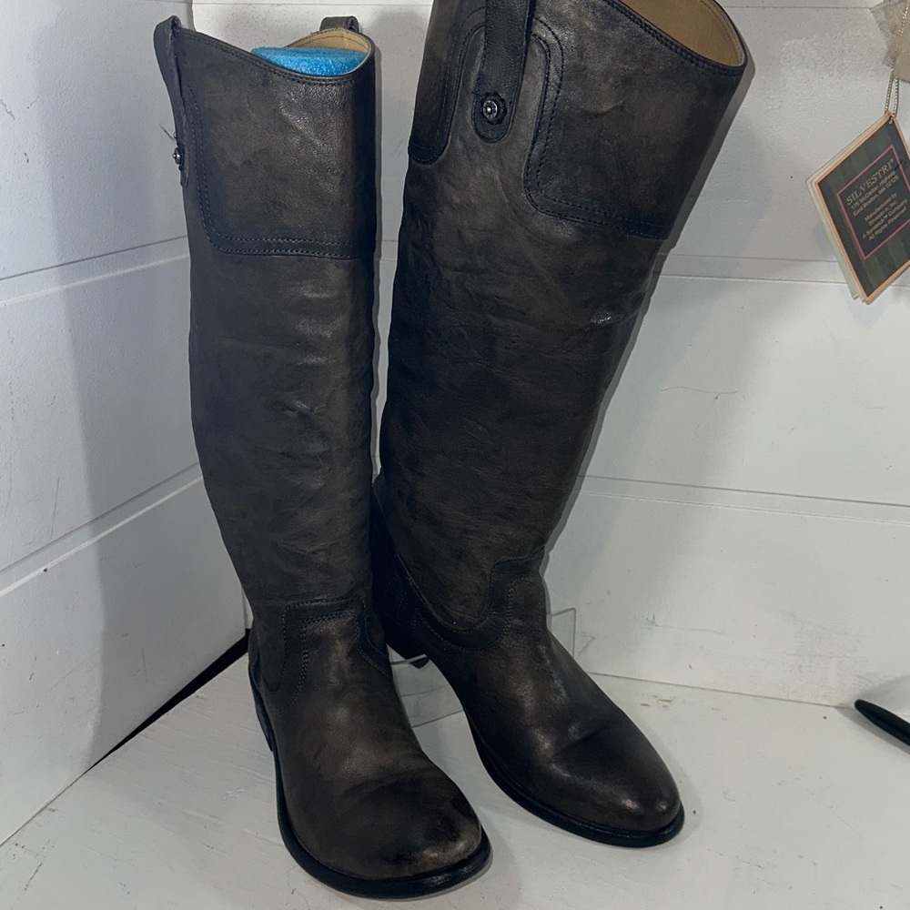 Frye  leather tall pull-on Heeled Boots size 8/black-green (taupe)